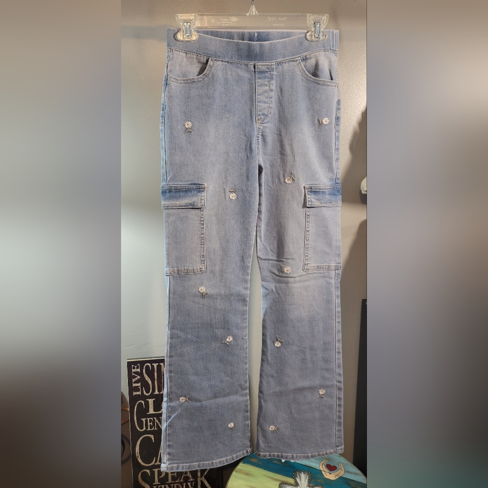 Light Blue Cargo Jeans with Floral Embroidery